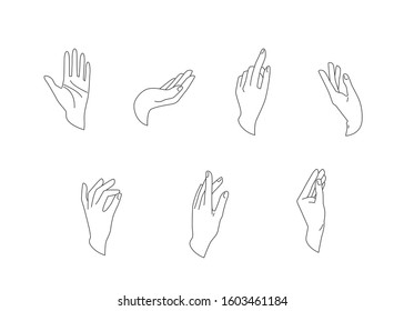 Hands vector set in simple flat line style isolated on a white background. Various gestures, poses of human hand in different situation. Vector illustration.