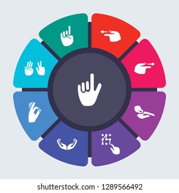 Hands Vector Template For Infographics. Business Concept With 9 Options, Steps, Parts, Segments. Banner Infographic Cycling Diagram, Round Chart, Pointing Up, Hand, Point To Left Icons