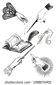 Hands in vintage style. Magic wands. Magic. Fairy tale. A textbook with a pen. Sparks.