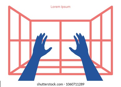 Hands in virtual reality, vector illustration, flat silhouette, text banner, poster concept, white, blue, red, grid