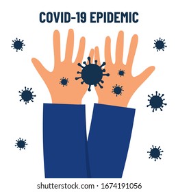  Hands with virus. Epidemic. Pandemic. Wuhan coronavirus illustration. Medical illustration. Covid-19