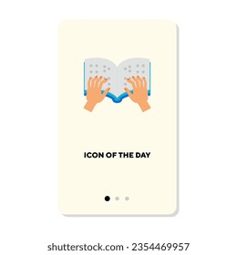 Hands of visually impaired person touching book flat icon. Vertical sign or vector illustration of library or studying element. Hobby, leisure, education, literature concept for web design and apps