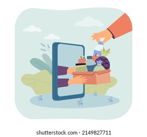 Hands of volunteer giving box with food from phone screen. People using donation app in smartphone flat vector illustration. Kindness, charity concept for banner, website design or landing web page