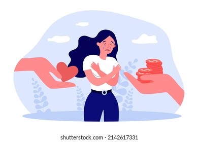 Manos de voluntarios dando dinero y corazón a una mujer triste. Amor, esperanza y ayuda a una niña pequeña llorando de la comunidad de ilustración vectorial plana. Concepto de caridad para banner, diseño de sitio web o página web de aterrizaje