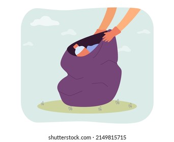 Hands of volunteer in gloves holding open bag with garbage. Person collecting plastic bottles flat vector illustration. Trash management concept for banner, website design or landing web page