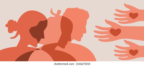 Manos de voluntarios con corazón. El vectorado plano es una ilustración de stock. Migrantes, víctimas, refugiados necesitan ayuda. Símbolo de voluntariado, caridad