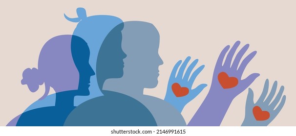 Hands of volunteers with heart. Flat vectoring is stock illustration. Symbol of volunteering, help, charity. Group of silhouetted people