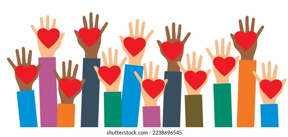 Hands of volunteers. Hands with heart in vector illustration. Charity, donation  and volunteer work.Caring, love, and a good hearted community support the poor, the homeless.