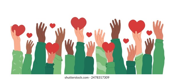 Hands of volunteers hold hearts. Volunteering, teamwork concert.