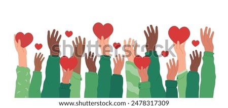 Hands of volunteers hold hearts. Volunteering, teamwork concert.