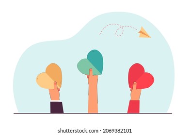 Hands of volunteers holding colorful paper hearts. Community of people making donations together flat vector illustration. Love, charity, assistance, support concept for banner or landing web page