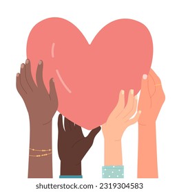 Hands of volunteers holding heart together. Support, assistance and help from community of people flat vector illustration. Solidarity, humanitarian aid concept