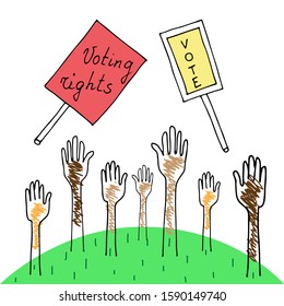 Hands vote, voting rights, posters calling to vote, people of different nationalities, races vote together. Voting Process, election concept. Flat vector colored doodle hand drawn stile illustration.