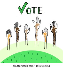 Hands vote, voting rights, posters calling to vote, people of different nationalities, races vote together. Voting Process, election concept. Flat vector colored doodle hand drawn stile illustration.