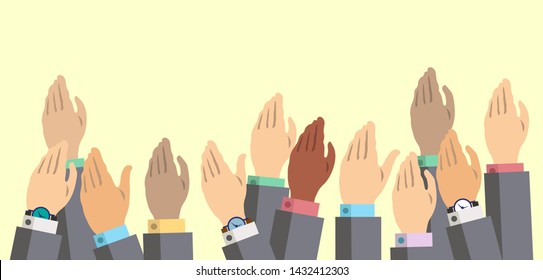 A lot of hands of voting people, office workers, stockbrokers. Vector illustration