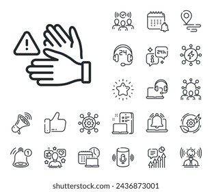 Hands warning sign. Place location, technology and smart speaker outline icons. Dont touch line icon. Hygiene notification symbol. Dont touch line sign. Influencer, brand ambassador icon. Vector