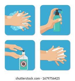 Hands wash and disinfection backgrounds set in a flat design. Preventive measures against coronavirus