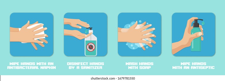 Hands wash and disinfection backgrounds set in a flat design. Preventive measures against coronavirus