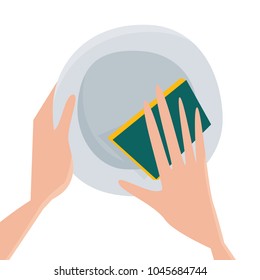 Hands wash the plate. Flat cartoon style vector illustration.