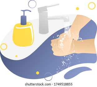 Hands wash with soap and water to prevent coronavirus. Hygiene rules for not spreading diseases and viruses. Yellow blue design