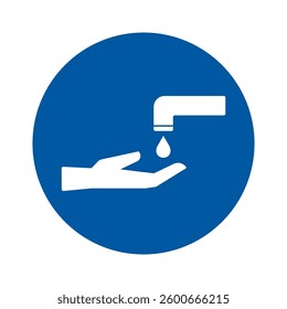 Hands Wash Vector Flat Sign with Water Tap and Drop for Public Restroom. Solid Hygiene Desinfect Symbol on Dark Blue Circle Shape.	