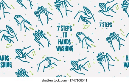 Hands washing in 7 steps color pattern vector illustration. Wash your hands, hand draw vector illustration. Seamless repeat pattern design for fabric.