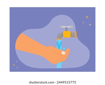 Hands are washing ablution hands at the tap before prayer. Character design. Vector flat illustration