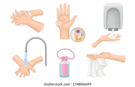Hands Washing and Cleansing Using Soap Dispenser and Antibacterial Wet Wipes Vector Illustrations Set