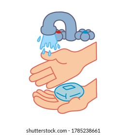 Hands washing color vector healthy covid illustration. Wash your hands, hand drawn. Beige, bkue and red colors