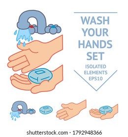 Hands washing color vector healthy covid illustration elements set. Wash your hands, hand drawn. Beige, blue and red colors