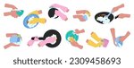 Hands washing dishes in rubber gloves. Isolated clean plates and pan, female cleaning with sponge and brush. Decent vector kitchen cleaner set