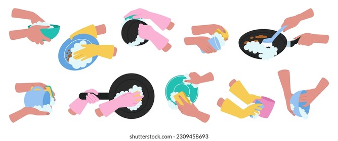 Hands washing dishes in rubber gloves. Isolated clean plates and pan, female cleaning with sponge and brush. Decent vector kitchen cleaner set