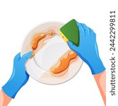 Hands washing dishes with sponge vector isolated on white background.