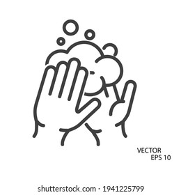 Hands washing flat icon. Pictogram for web. Line stroke. Isolated on white background. Vector eps10. Water stream on the hands.