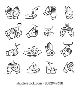 Hands washing flat icon set. Tutorial of hand cleaning pictograms for web. Line stroke. Isolated on white background. Vector eps10. Water stream clean the arms.