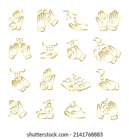 Juego de iconos planos lavándose las manos. Tutorial de pictogramas de limpieza manual para web. Aislado sobre fondo blanco. Icono de línea. El agua arroja limpiando los brazos. Vector eps10