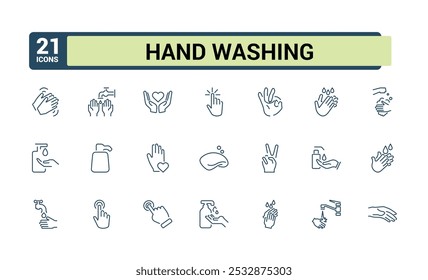 Hands washing icon set. Hygiene and hand cleaning icons for web. Line stroke. Contains such Icons as Washing Instruction, Antiseptic, Soap and more.