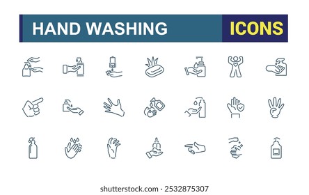 Hands washing icon set. Hygiene and hand cleaning icons for web. Line stroke. Contains such Icons as Washing Instruction, Antiseptic, Soap and more.