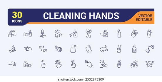 Hands washing icon set. Hygiene and hand cleaning icons for web. Line stroke. Contains such Icons as Washing Instruction, Antiseptic, Soap and more.