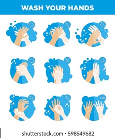 Hands washing icons set. Wash your hands instructions for soap use and antibacterial hygiene medical hospital or kindergarten flat infographics or sign label template