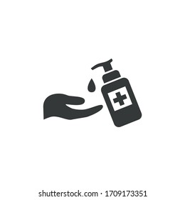 Hands washing. Medical disinfectant bottle, hygienic sanitizer antibacterial gel with hand black isolated vector icon.