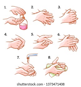 Hands washing medical instructions set, sanitary procedure. Hospital care guide poster, instructional scheme. Vector hand washing illustration 