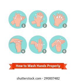 Hands washing medical instructions. Soap and bubbles. Flat vector icons.