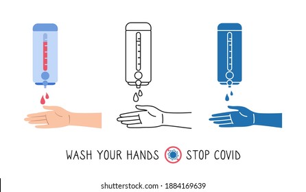 Hands washing, sanitizer wall, cartoon linear and glyph style set. Hand washing, disinfection, sanitary hygiene infographic. Antiseptic gel symbol collection. Healthcare vector illustration