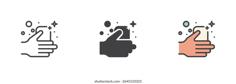 Hands washing with soap bubbles icon shown in line, solid, and filled outline style. Clean hygiene symbol. Vector icon set for sanitation and safety care.