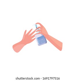Hands washing with soap dispenser flat style icon design, Hygiene wash health clean healthy bacteria bathroom protection and liquid theme Vector illustration