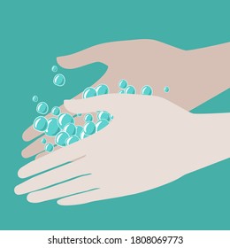 Hands washing with soap foam sign. Sticker. Design concept. Hand wash, sanitation, sterilization method. Coronavirus awareness hand wash poster or banner design. Disinfection and hygiene for health
