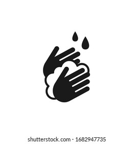 Hands Washing With Soap Foam And Water Drops Black Isolated Vector Icon.