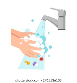 Hands washing with soap under running water from a faucet to remove bacteria and viruses illustration
