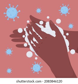 Ilustración vectorial de color plano del paso de lavado de manos. Limpieza en agua para evitar bacterias. Evitar la propagación del virus con jabón antibacteriano. Limpieza de caricatura 2D de primera mano con fondo abstracto